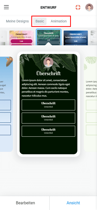 Die Tabs Basic und Animation in den Design­einstellungen der Taplink-Seite sind hervorgehoben