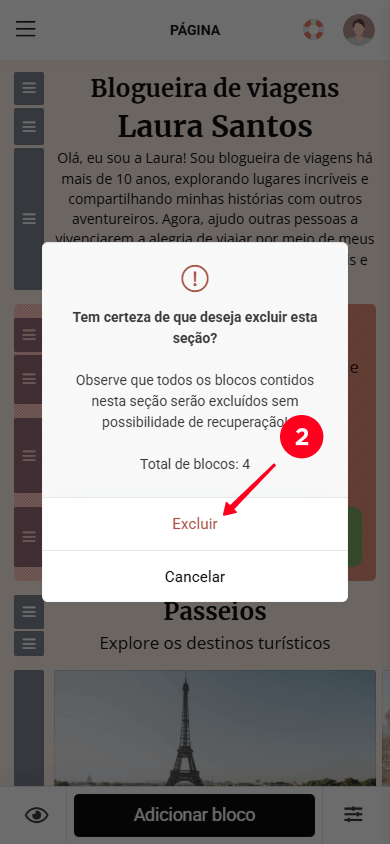 Selecionando o botão Excluir na janela pop-up do Taplink