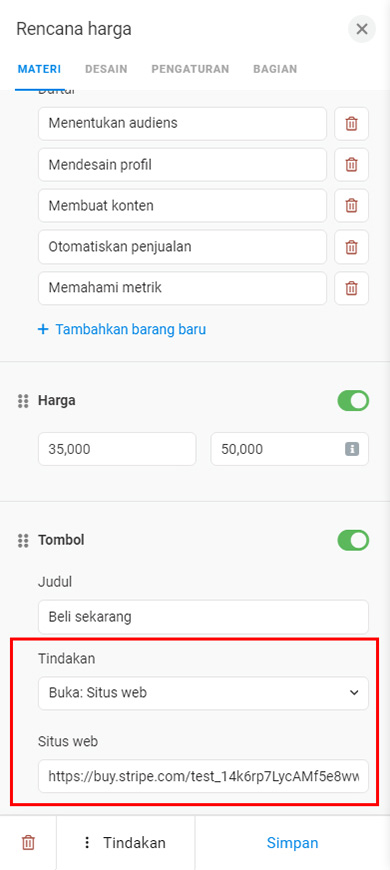 Bidang Tindakan dan Situs Web yang disorot dalam pengaturan Rencana harga