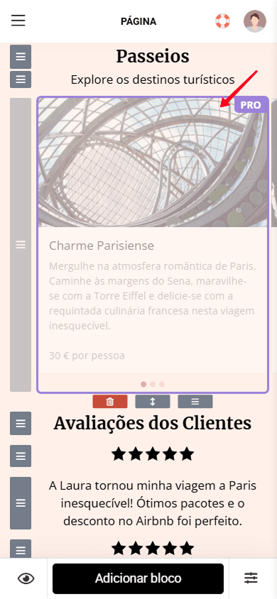 Um bloco de Carrossel de imagens destacado com um selo Pro no editor de páginas do Taplink