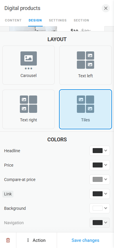 Design customization options in Taplink’s Digital products block