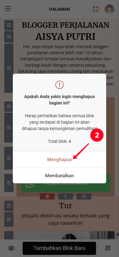 Memilih tombol Menghapus di jendela pop-up di Taplink
