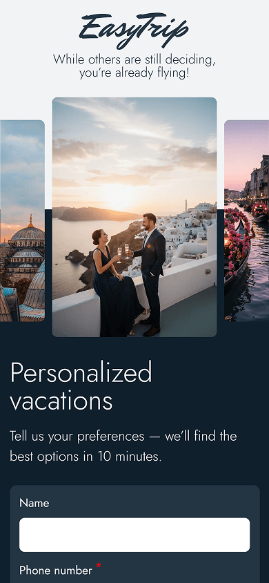 Top section of a Taplink-built travel agency website showing its main offer