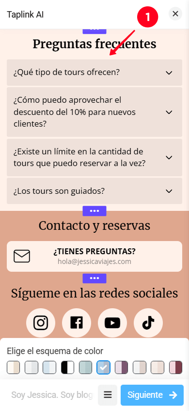 Tocando la sección FAQ en la interfaz de la página de Taplink AI