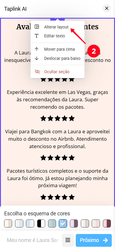 Selecionando Alterar layout no menu suspenso de configurações da seção