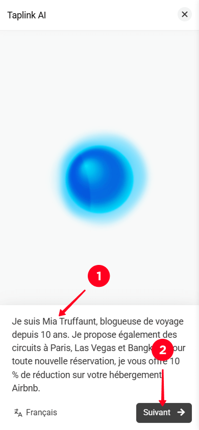 Saisir la description de l’entreprise et appuyer sur le bouton Suivant dans Taplink AI