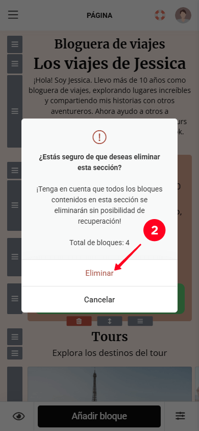 Seleccionando el botón Eliminar en la ventana emergente de Taplink