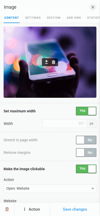 Image settings page in the Taplink link-in-bio tool
