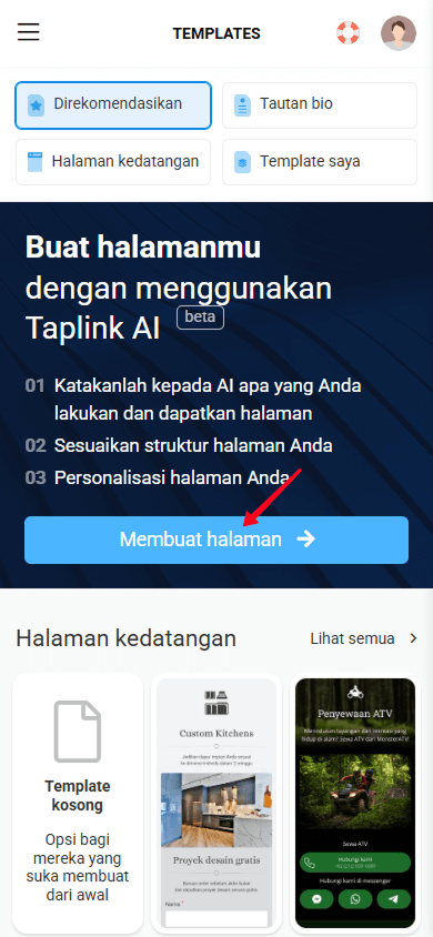Mengetuk tombol Hasilkan halaman di antarmuka Taplink