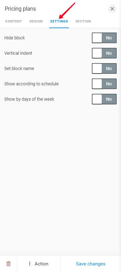 Highlighted Settings tab of the Pricing plans block