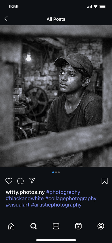 Foto seorang pria Pakistan yang kelelahan di bengkel dengan tagar fotografi artistik di profil Instagram fotografer