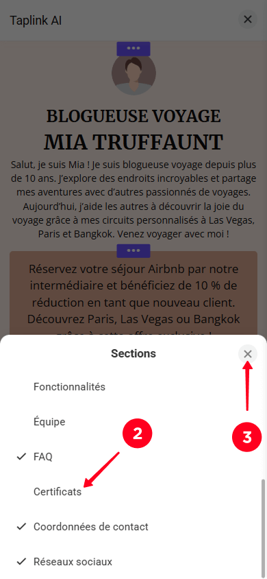 Sélectionner des sections dans la fenêtre des paramètres de sections et appuyer sur le bouton de fermeture