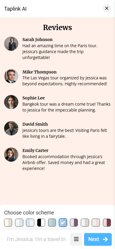 The Reviews section that has a layout of a small image, name, and text