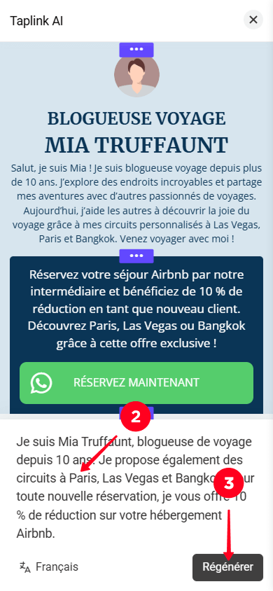 Modifier la description de l’entreprise et appuyer sur le bouton Régénérer dans Taplink AI