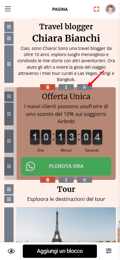 Tenere premuta l’icona di trascinamento per spostare una sezione nel builder della pagina Taplink