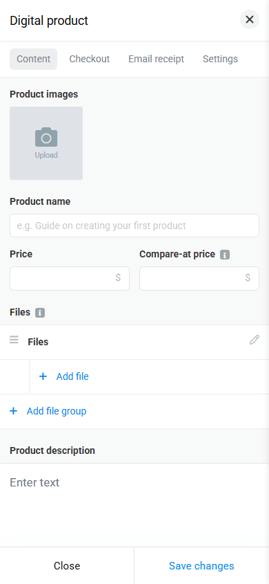 Individual digital product customization page featuring image, name, price, file, and description settings