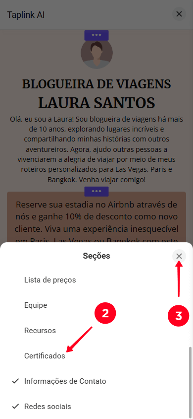 Selecionando seções na janela de configurações da seção e tocando no botão fechar