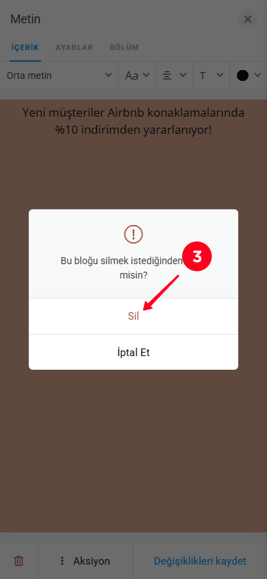 Metin bloğu ayarları açılır penceresinde Sil seçeneğini seçme