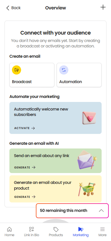 Email marketing tools available in the Beacons link-in-bio tool
