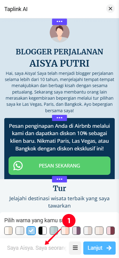 Mengetuk bidang deskripsi bisnis di antarmuka Taplink AI