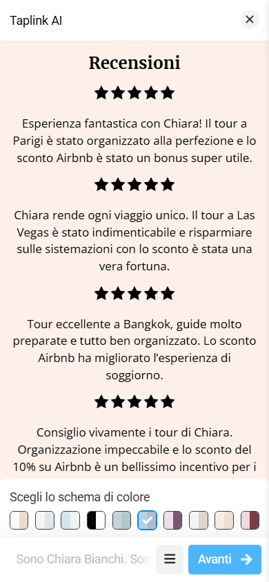 La sezione Recensioni con un layout che include stelle e testo