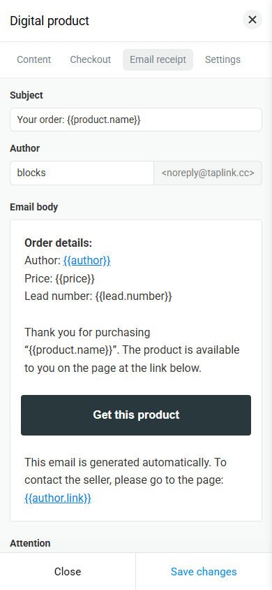 The email receipt settings tab in the Digital products block