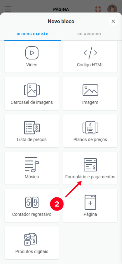 Selecionando o bloco Formulário e pagamentos na biblioteca de blocos do Taplink