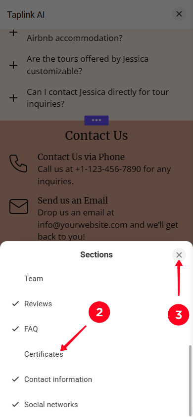 Selecting sections in the section settings window and tapping the close button