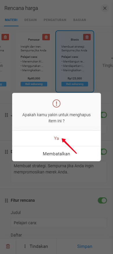Mengkonfirmasi penghapusan Rencana harga